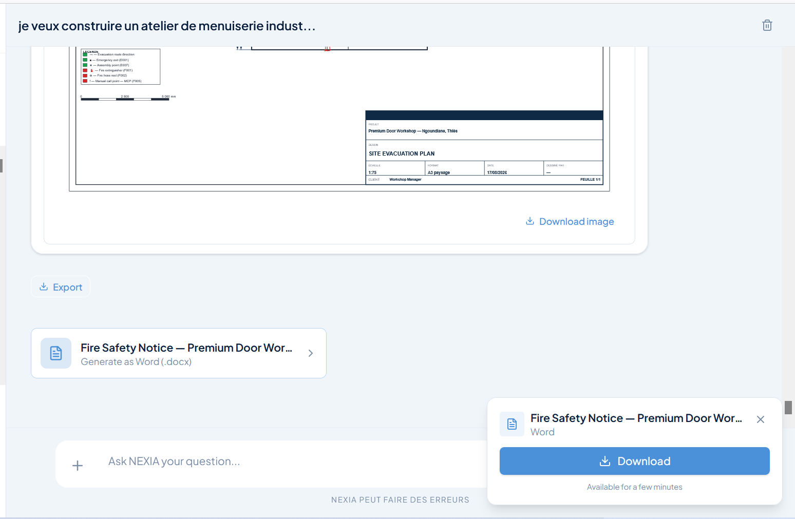 Export du document en Word depuis la conversation, avec le bouton de téléchargement.